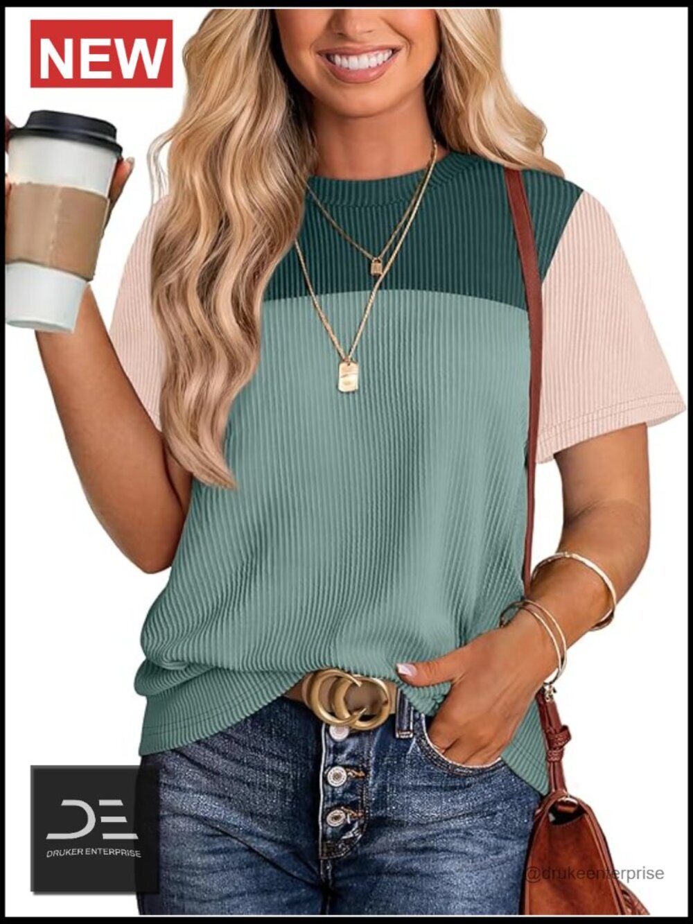 Color Block Knitted Short Sleeve Crewneck T-Shirt Spring Summer Casual Top